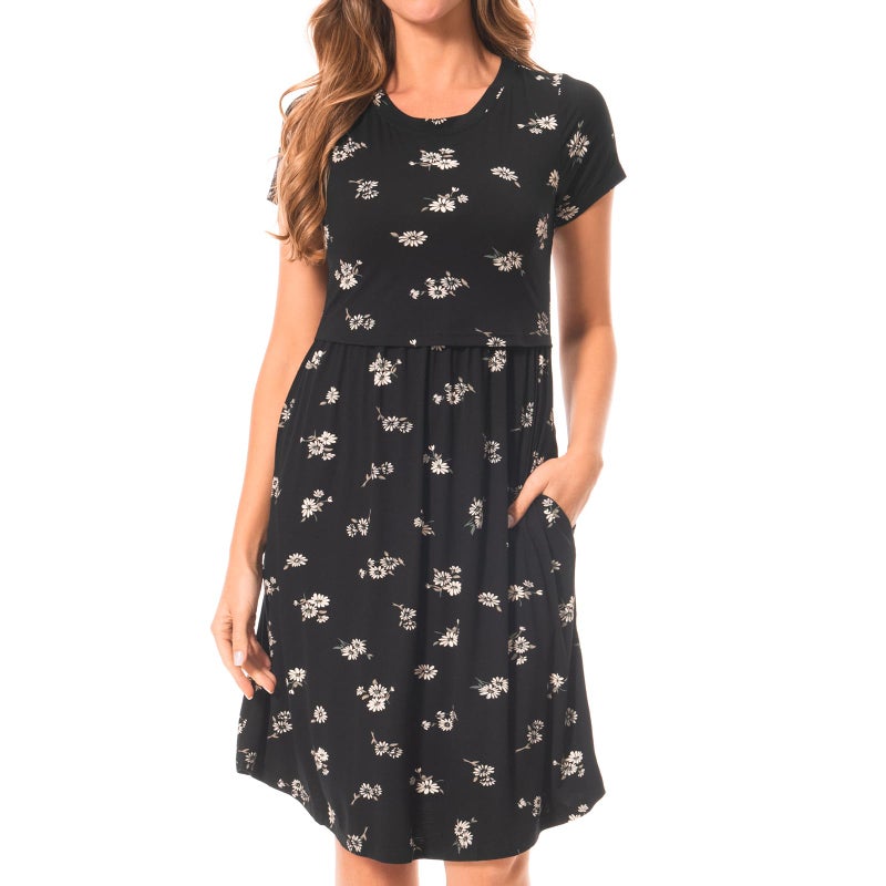 Bearsland Women's Short Sleeves Maternity Dress Nursing Breastfeeding Dresses with Pockets,blackwhitef,L - Image 1